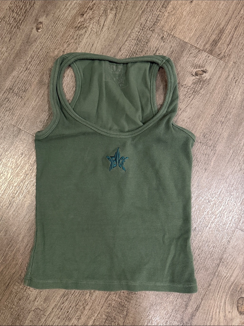 REVICE Olive Green Ribbed Racerback Tank with Teal Embroidery